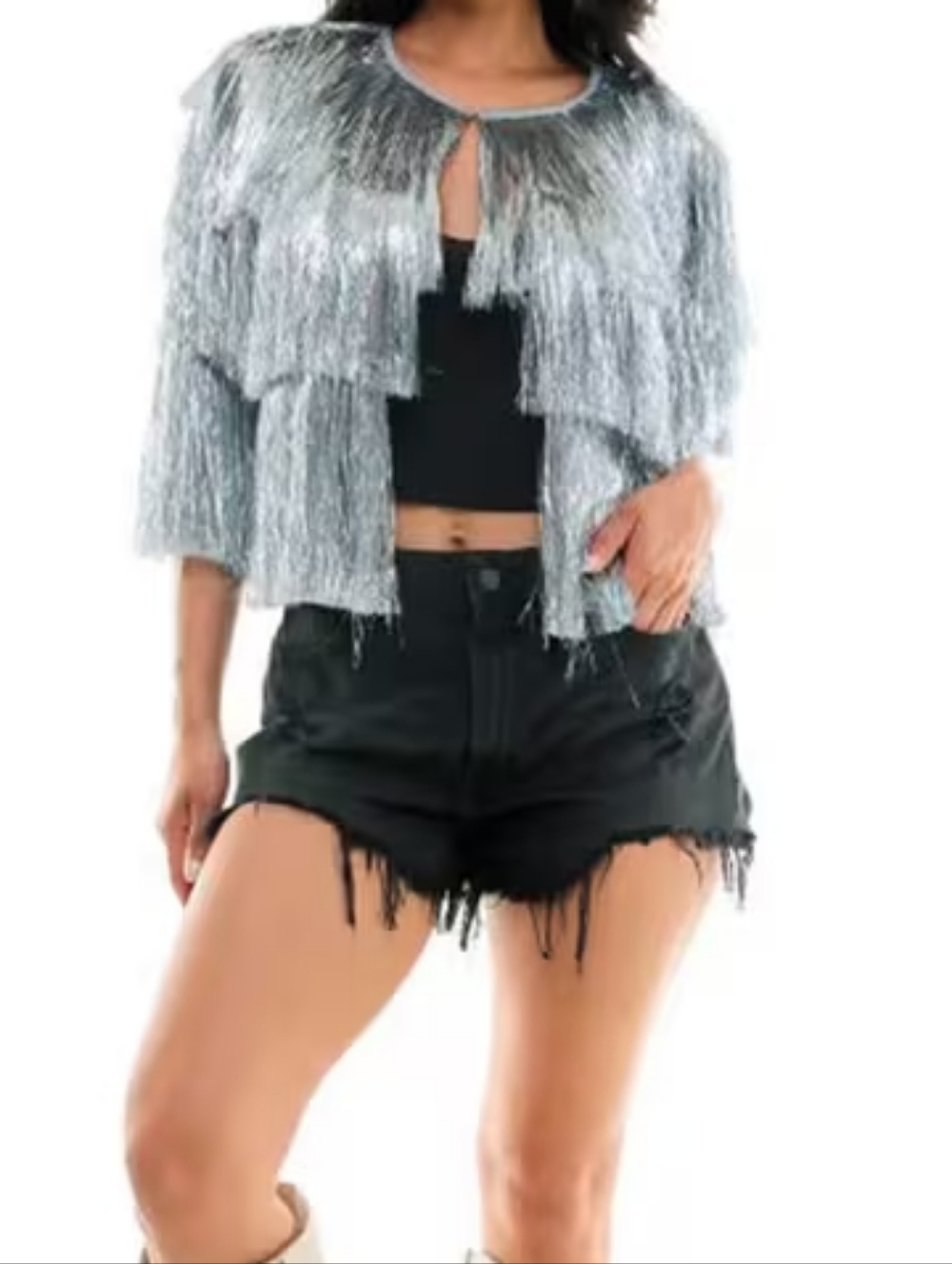 Silver Tinsel Fringe Jacket - Shimmery Festival Layer ADULT New